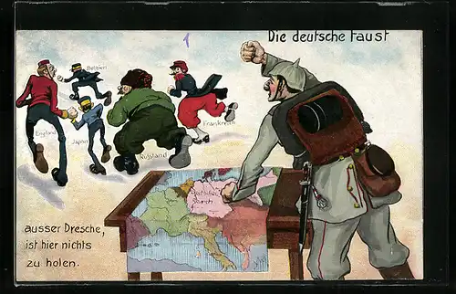 AK Die deutsche Faust, ausser Dresche nichts zu holen, Propaganda 1. Weltkrieg
