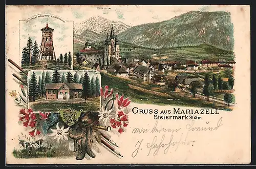 Lithographie Mariazell, Schutzhaus Bürgeralpl, Erzh. Franz Karls-Höhe