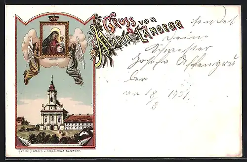 Lithographie Maria Langegg, Kirche, Zwei Engel halten Gnadenbild