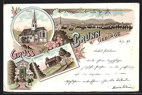 Lithographie Brunn a. Gebirge, Kirche, Villa Budera, Lerchenhöhe