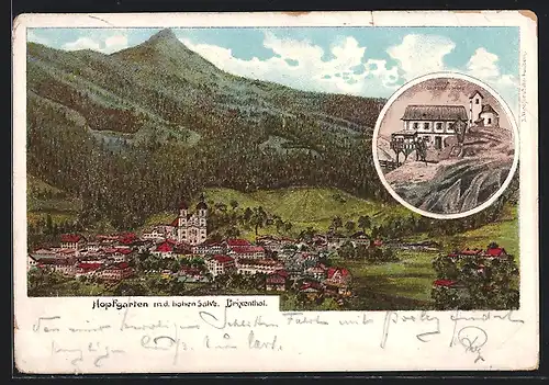 Lithographie Hopfgarten im Brixental, Ortsansicht mit der hohen Salve, Bergspitze mit Wirtschaft & Kirchlein