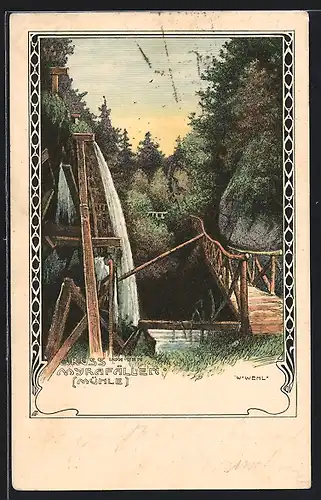 Lithographie Myrafälle, Wasserfall mit Mühle