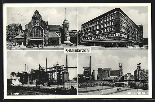 AK Gelsenkirchen, Bahnhof, Hans Sachs-Haus, Hochöfen, Zeche Consolidation