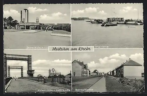 AK Walsum a. Rhein, Zeche Walsum I /II, Bahnhofstrasse, Hafenbrücke, Rheinfähre, Kohle