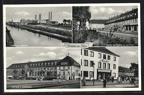 AK Walsum a. Rhein, Hafen mit Schacht, Rathaus und Sparkasse, Barbara-Lichtspiele, Kohle