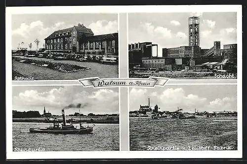 AK Walsum a. Rhein, Rhein-Partie und Zellstoff-Fabrik, Schacht und Rathaus, Kohle