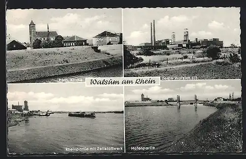 AK Walsum am Rhein, Kath. Kirche, Zeche Walsum I/II, Rheinpartie mit Zellstoffwerk, Hafenpartie
