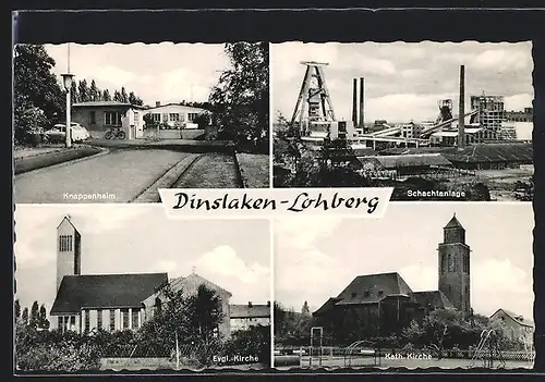 AK Dinslaken-Lohberg, Schachtanlage, Knappenheim, Evangel. Kirche, Kohle