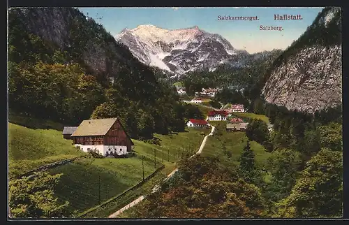 AK Hallstatt, Salzkammergut, Ortspartie mit Salzberg