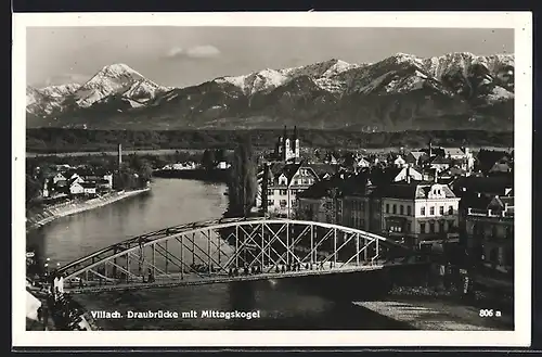AK Villach, Draubrücke mit Mittagskogel