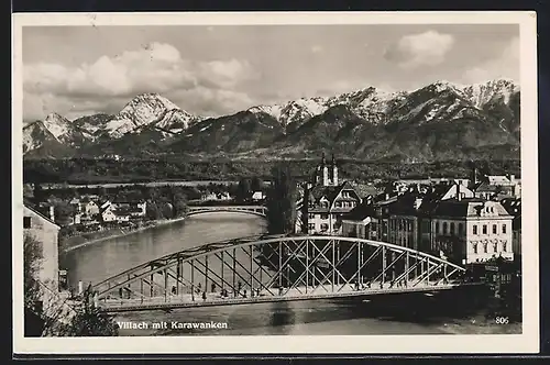 AK Villach, Uferpartie mit Brücke und Karawanken