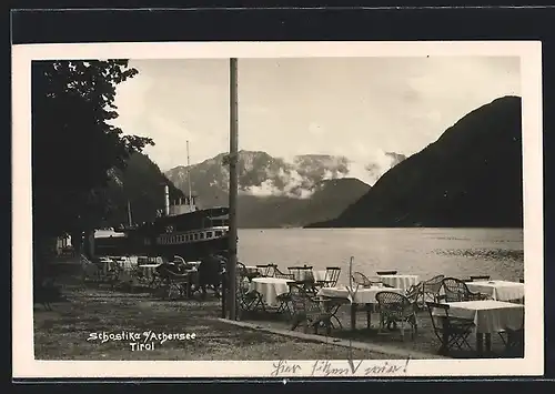 AK Achenkirch, Schostika am Achensee mit Cafe und Dampfer