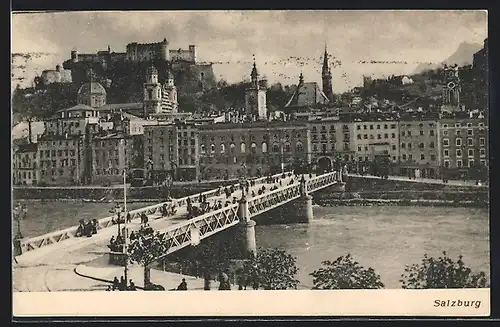 AK Salzburg, Uferpartie mit Festung und Brücke