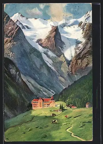 Künstler-AK Trafoi, Ortsansicht mit Ortler