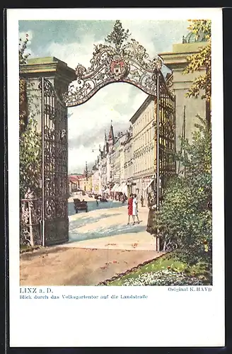 AK Linz a. D., Blick durch das Volksgartentor auf die belebte Landstrasse