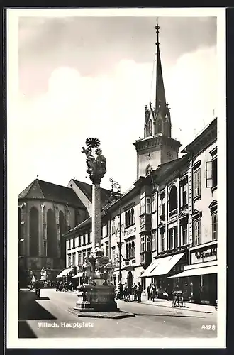 AK Villach, Hauptplatz mit Mariensäule und Hotel Post