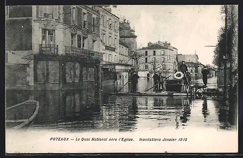 AK Puteaux, Crue de la Seine 1910, Le Quai National vers l`Eglise