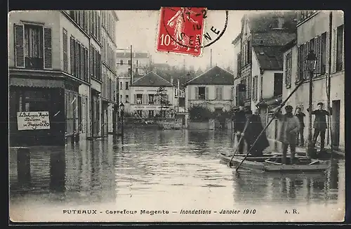 AK Puteaux, Crue de la Seine 1910, Carrefour Magenta