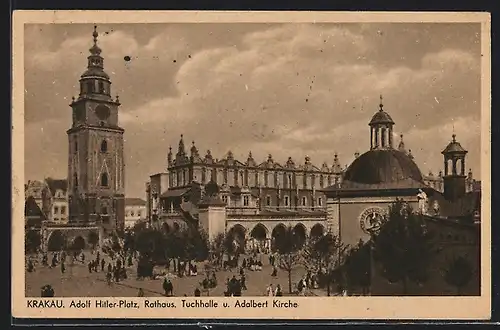 AK Krakau-Krakow, Platz mit Rathaus, Tuchhalle & Adalbert Kirche