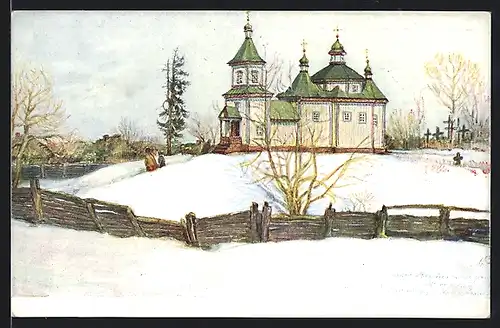 Künstler-AK Remcica, Kirche im Schnee