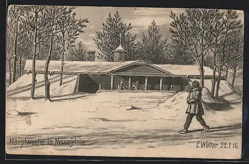 Künstler-AK Nowojelnia, Hauptwache im Schnee