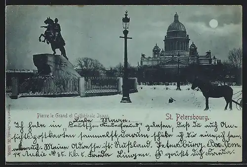 Mondschein-AK St.-Pétersbourg, Pierre le Grand et Cathédrale Isaac