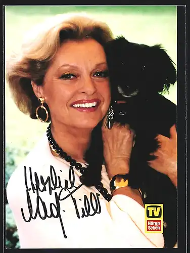 AK Schauspielerin Nadja Tiller mit Hund, mit original Autograph