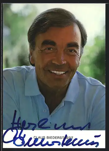 AK Schauspieler Claus Biederstaedt im blauen Hemd, mit original Autograph