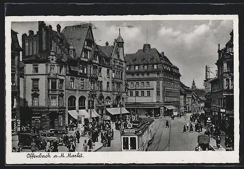 AK Offenbach, Marktplatz mit Strassenbahn und Geschäften