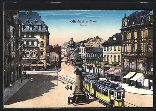 AK Offenbach, Markt mit Strassenbahn