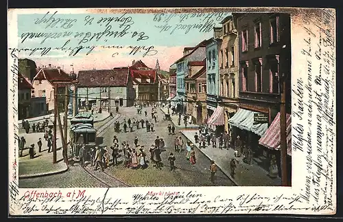 Lithographie Offenbach a. M., Strassenbahn am Marktplatz, Strassenpartie mit Geschäften