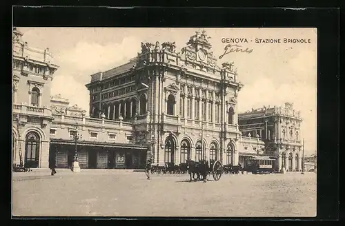 AK Genova, Stazione Brignole, Strassenbahn vor dem Bahnhof, Pferdekutsche
