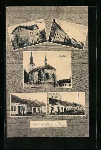 AK Dolni Bucice, Nádrazi, Kostel, Bahnhof und Kirche, Strassenpartie