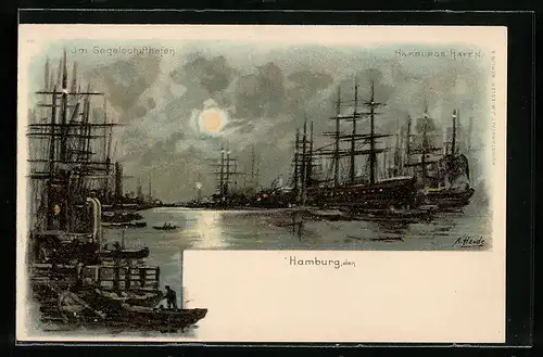 Künstler-AK A. Heide: Hamburg, Segelschiffhafen im Mondlich