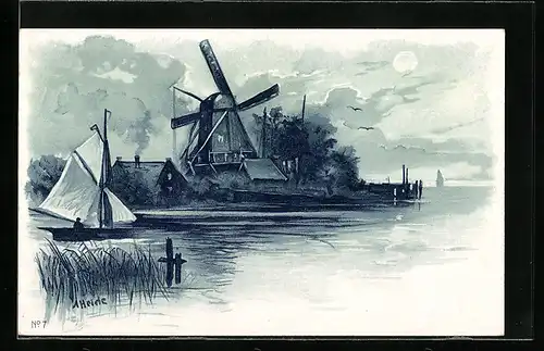 Künstler-AK A. Heide: Windmühle am See im Mondschein