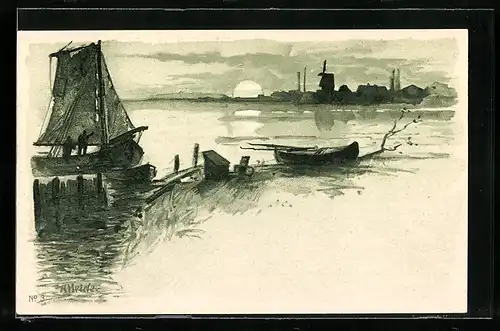 Künstler-Lithographie A. Heide: Uferpartie mit Segelboot