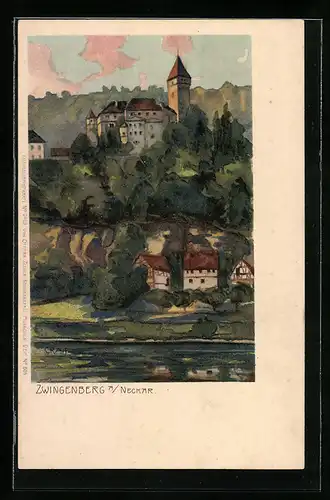 Künstler-AK Gottfried Graf: Zwingenberg am Neckar, Ortsansicht mit Burg