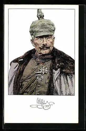 Künstler-AK Kaiser Wilhelm II. in Uniform mit Orden und Pickelhaube