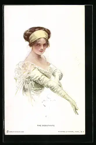 Künstler-AK Harrison Fisher: The Debutante, Fräulein im weissen Kleid