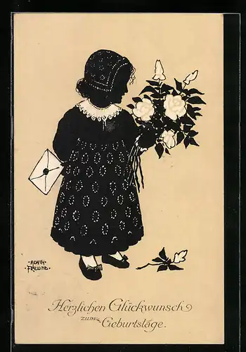 Künstler-AK Alwin Freund: Kleine Gratulantin mit Blumenstrauss