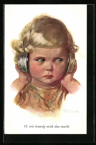 Künstler-AK Wally Fialkowska: kleines Mädchen mit Kopfhörer den Funk abhörend