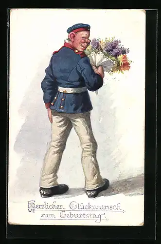 Künstler-AK Wally Fialkowska unsign.: Soldat in Uniform mit Blumen, Geburtstagsgruss