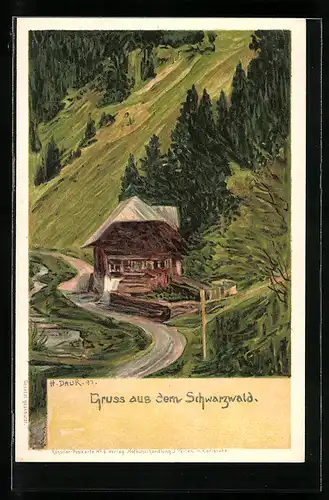Künstler-AK sign. H. Daur: Gruss aus dem Schwarzwald, Partie mit einem Bauernhaus gegen den Hang