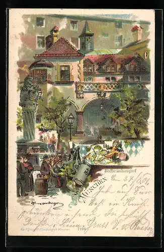 Künstler-AK Theodor Guggenberger: München, im Hof des Hofbräuhaus, Bierkrug