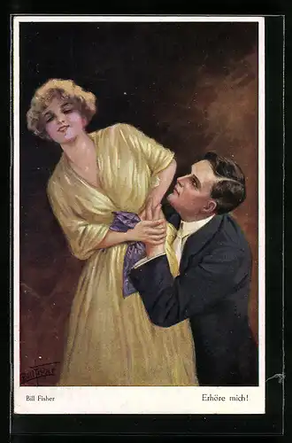 Künstler-AK Bill Fisher: Erhöre mich!, verliebter Kavalier und junge Dame