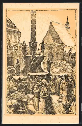 Künstler-AK Olmütz, Aus Alt-Olmütz, Mariensäule und Kapuzinerkirche