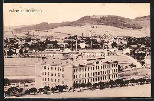 AK Mähr. Schönberg, Ortsansicht mit Fabrikschloten aus der Vogelschau