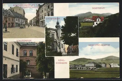 AK Mähr. Schönberg, Eichelbrennerplatz u. Bismarckstrasse, Sanatorium, Infanterie-Kaseren, Kirchengasse