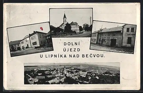 AK Dolni Újezd u Lipnika nad Becvou, Gasthaus, Kirche, Panorama