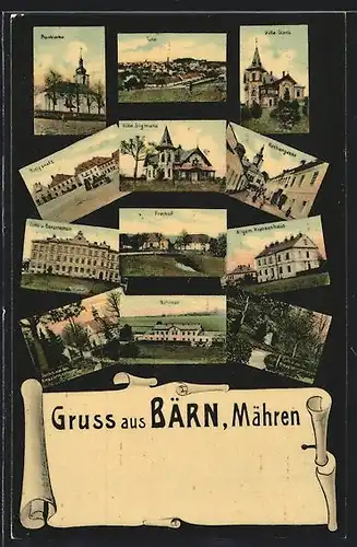 AK Bärn /Mähren, Kirchengasse, Bahnhof, Villa Sigmund, Allgem. Krankenhaus